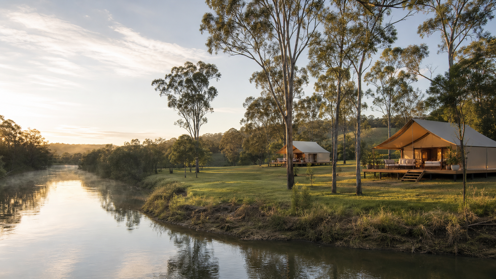 Mary Valley river and rolling green hills at golden hour